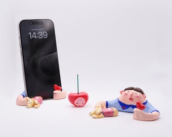 Handmade Polymer Clay Phone Stand: Boy Hugging Dog, Unique Desk Decor