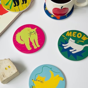 DROPSTRIO - Set of 4 - Colorful Cat Ceramic Coaster Set w. Protective Cork Backing, Customized, Best Gift for Cat Lovers