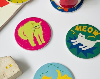Colorful Cat Ceramic Coaster Set: Whimsical Drink Coasters with Cork Back (Set of 4)