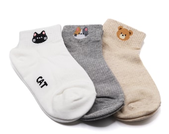 Embroidered Animal Ankle Socks: Soft Cotton Cat & Bear Socks (Size 4-7 US)