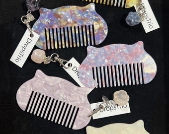 DROPSTRIO - Cat Shape Comb with Paw Charm - Lucky Ornamental Crystal - Five Unique Colors