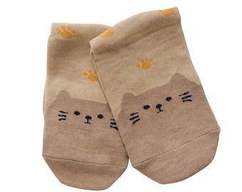 Cat Face Socks – Beige Cotton Blend Crew Socks, Kawaii Paw Print