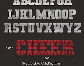 May include: A digital file with rhinestone templates. The image displays the alphabet in white and the word "CHEER" in red, all composed of small dots. The word "CHEER" measures 11.507 inches wide and 2.995 inches high. The file includes SVG, EPS, DXF, CDR, and PNG formats.