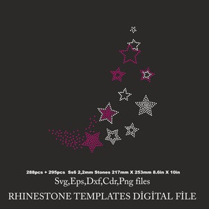 Op de afbeelding: Een digitaal bestand voor het maken van een strassontwerp met een gebogen lijn van roze en witte sterren. Het ontwerp is 8,6 inch bij 10 inch en vereist 288 roze en 295 witte strasssteentjes.