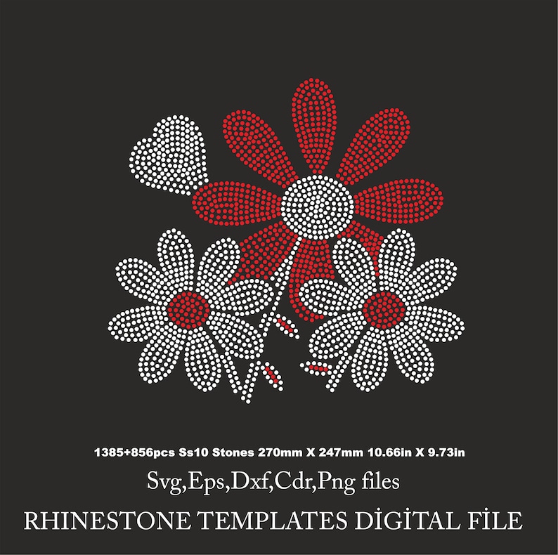 May include: A digital file for creating a rhinestone design featuring three white and red flowers with a heart shape. The design is 10.66 inches by 9.73 inches and requires 1385+856 SS10 stones.