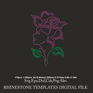 May include: A digital file for creating a rhinestone design of a woman's face with a rose on her head. The design is made up of pink and green rhinestones. The file includes SVG, EPS, DXF, CDR, and PNG formats. 176pcs + 535pcs Ss10 Stones 292mm X 217mm 6.6in X 10in Rhinestone Templates Digital File