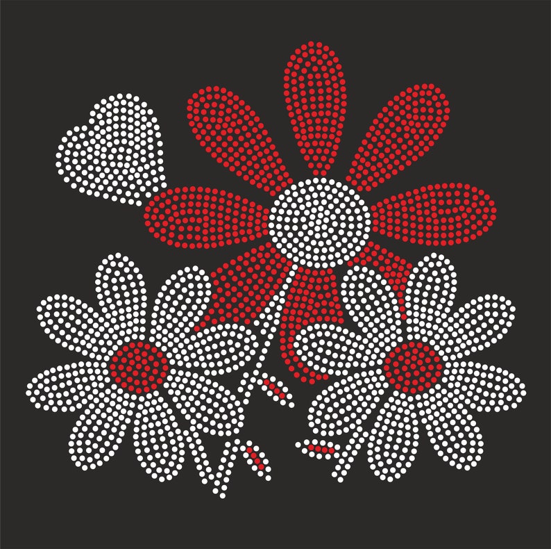 May include: A design featuring three white flowers with red centers, surrounded by a larger red flower with a white center. The flowers are made of small white and red dots, creating a sparkling effect.