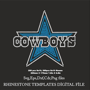 May include: A blue and white rhinestone design of a star with the word "COWBOYS" around it. The design is 7.8 inches by 6.8 inches and uses 299 SS10 and 395 SS10 stones.