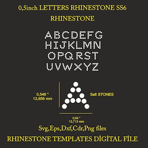 May include: A digital file for 0.5 inch SS6 rhinestone letters featuring the full alphabet in a dot-matrix style. The image displays the letters A through Z, a large letter A with dimensions of 0.546 inches by 0.54 inches, and file formats Svg, Eps, Dxf, Cdr, and Png.