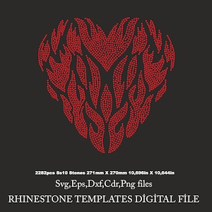 May include: A red rhinestone heart design on a black background. The heart is composed of numerous small red dots, creating a textured appearance. The image includes the text: "RHINESTONE TEMPLATES DIGITAL FILE". The design measures approximately 10.696 inches by 10.644 inches.
