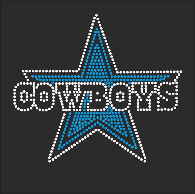 May include: A blue and white star-shaped design with the word "CONVERSE" in white letters. The design is made of small, round rhinestones.