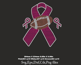 Puede incluir: Diseño de pedrería rosa y marrón de un balón de fútbol y una cinta. El diseño mide 8,05 pulgadas por 9,09 pulgadas.  Archivos Svg, Eps, Dxf, Cdr, Png. Plantillas de pedrería Archivo digital.