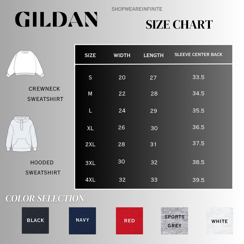 Op de afbeelding: Maattabel voor Gildan crewneck en hooded sweatshirts. De tabel toont maten S tot en met 4XL met de bijbehorende breedte, lengte en mouwlengte in inches.