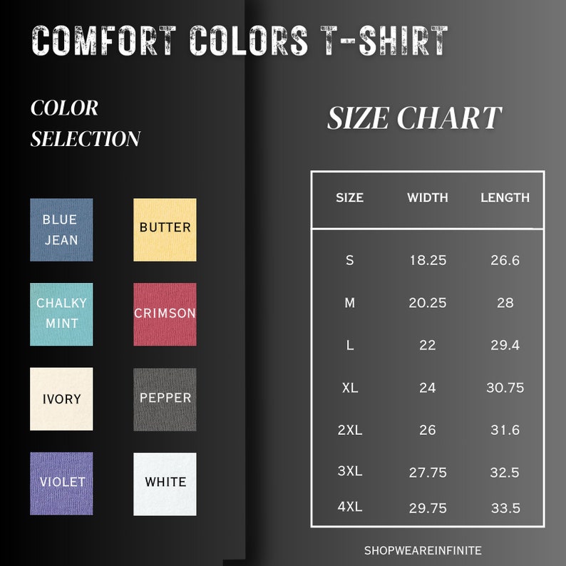 Op de afbeelding: Een maattabel voor een T-shirt met afmetingen in inches. De tabel toont de breedte en lengte van het T-shirt in verschillende maten, van S tot 4XL. De beschikbare kleuren voor het T-shirt zijn: Blue Jean, Butter, Chalky Mint, Crimson, Ivory, Pepper, Violet en White.
