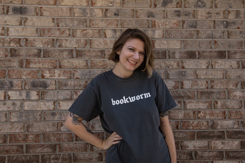Vintage Grey Tshirt with "bookworm" text in white ink on the front