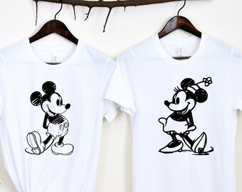 Camiseta vintage de Mickey y Minnie, boceto de Mickey, boceto de Minnie, camiseta vintage de Mickey Minnie, pareja de Disney.