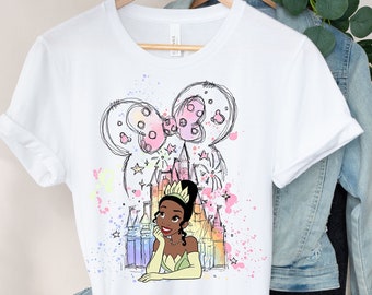 Chemise Tiana Disney, T-shirt aquarelle Tiana, chemise princesse Tiana, tee-shirt mignon Tiana.