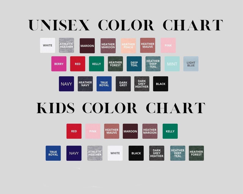 Pu&ograve; includere: Tabella colori unisex e per bambini per abbigliamento. La tabella mostra una variet&agrave; di colori, tra cui bianco, nero, rosso, blu, verde e grigio. La tabella &egrave; divisa in due sezioni: unisex e bambini. La sezione unisex include colori come Heather Peach, Heather Mauve, Heather Forest e True Royal. La sezione per bambini include colori come Heather Mauve, Heather Forest e True Royal.
