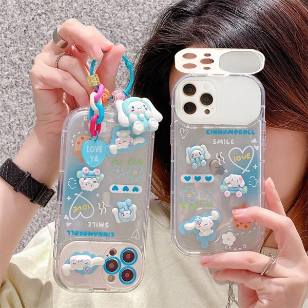 MLH Flip Mirror Lens Stand Cute Cartoon Dog Pendant Phone Case Phone Case For apple iPhone 14 Plus 11 12 13 Pro Max XR Soft Shell Holder