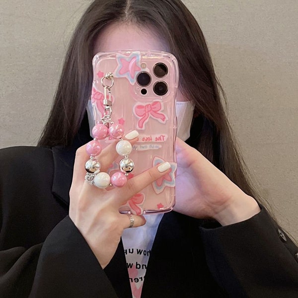 MLH Cute Pink Bow Transparent Case with Bracelet Chain for iPhone 14 Pro Max 13 12 Pro Max 11 Lovely Cover Silicone Protective