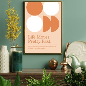 La vida se mueve impresión bastante rápida, impresión de Ferris Bueller, cita de Ferris Bueller, nostalgia de la película de los años 90, cartel de la película, retro, naranja, descarga digital