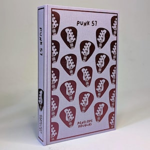 Op de afbeelding: Een boek getiteld "PUNK 57" van Penelope Douglas. De omslag is lichtpaars met een patroon van donkerrode gitaar plectrums. De rug is lichtpaars met de titel en de naam van de auteur verticaal gedrukt.