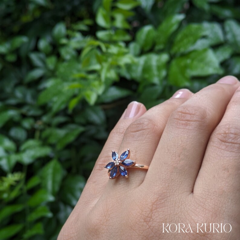 Tropicana Ring Rose Gold Blue Sapphire Marquise Flower Leaf Ring Sterling Silver / Promise