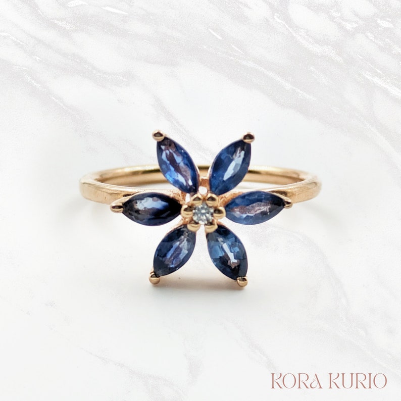 Tropicana Ring Rose Gold Blue Sapphire Marquise Flower Leaf Ring Sterling Silver / Promise
