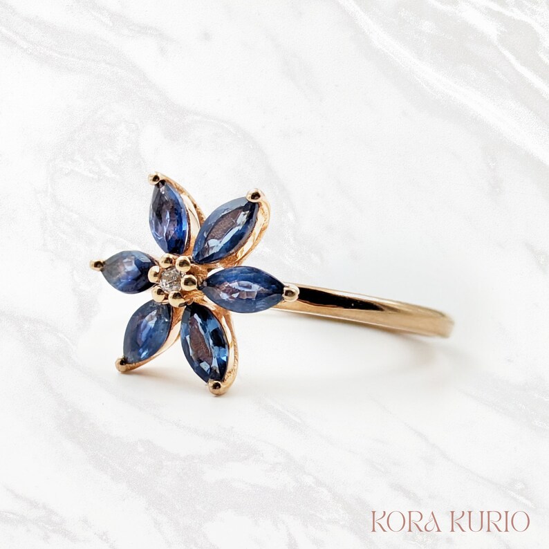 Tropicana Ring Rose Gold Blue Sapphire Marquise Flower Leaf Ring Sterling Silver / Promise