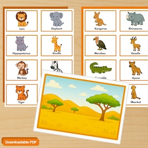 Educatieve kaarten – Savannedieren (vroege kinderjaren en kleuters) – Downloadbare PDF