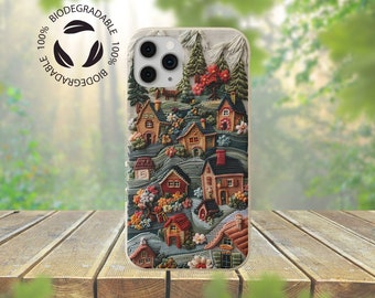 iPhone 11-17 / Samsung / Funda para teléfono con diseño de pueblo bordado / Ecológica / Biodegradable