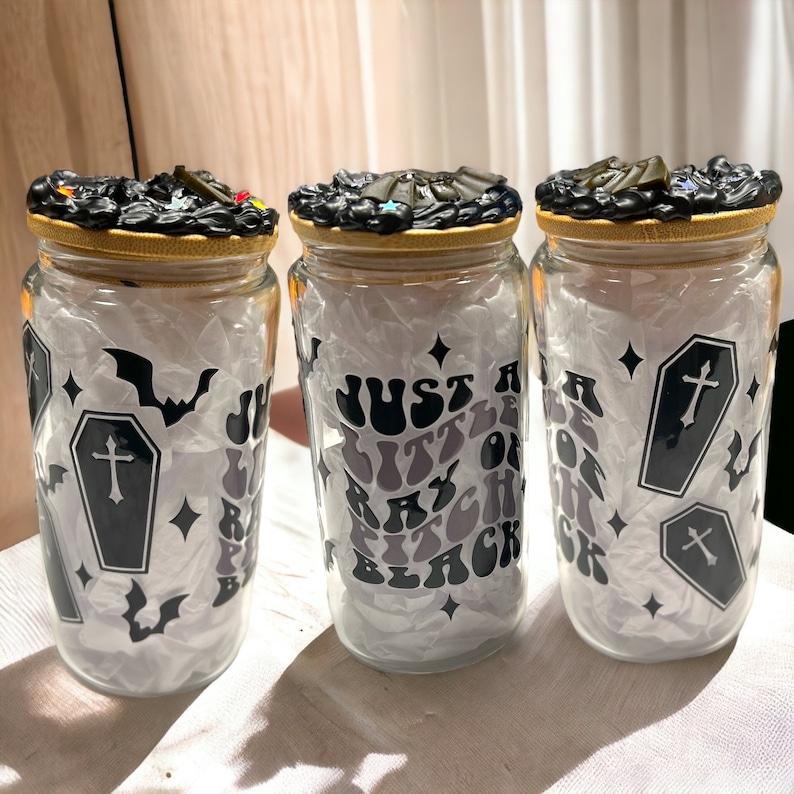 Gift Set 2 Glass Tumbler Goth Dark Iced Coffee Cup 16 oz Goth Ouija Glass Can with Decorated Bamboo Lid Reusesble Straw Unique Gift for Her image 3