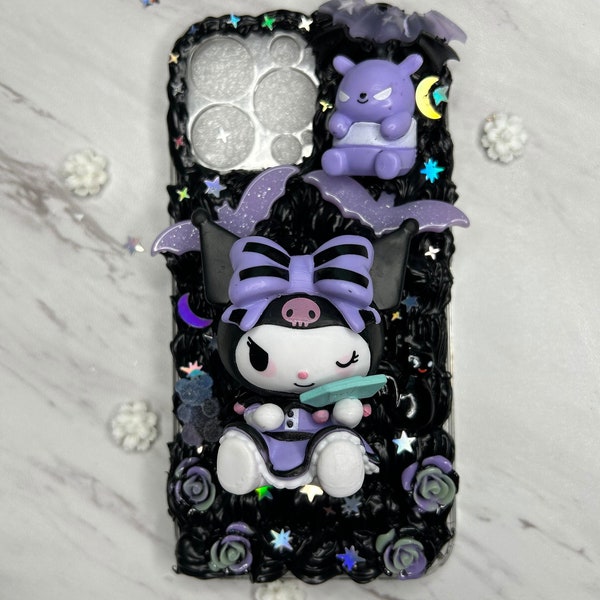 Étui kuromi gothique fausse crème Decoden, étui pour téléphone kawaii mignon, étui pour iPhone gothique, téléphone Samsung, tous les modèles, étui pour fan Kuromi