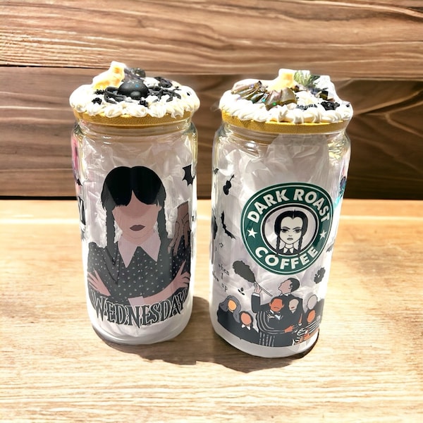 Gift Set of 2 Glass Can Tumbler Wednesday Frosted  Iced Coffee Cup 16 oz Goth Glass Can with Decorated Bamboo Lid Unique Gift