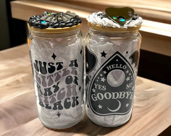 Set regalo 2 bicchieri in vetro Goth Dark Iced Coffee Cup 16 oz Goth Ouija Glass Cann con coperchio in bambù decorato Cannuccia riutilizzabile Regalo unico per lei