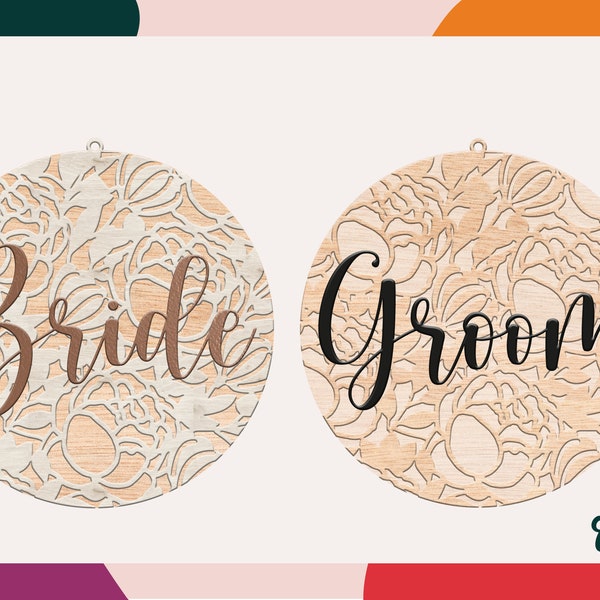 Wedding Decorations SVG- Chair Hanger - Bride & Groom - Floral Lace Design - Glowforge - Laser Cut - Can be Personalized