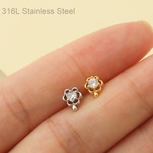 Pendiente de flor con rosca interna de 16 g, parte trasera plana, redondo/en forma de corazón, circonita cúbica para cartílago, hélix, caracola, trago, nariz, labio, regalo