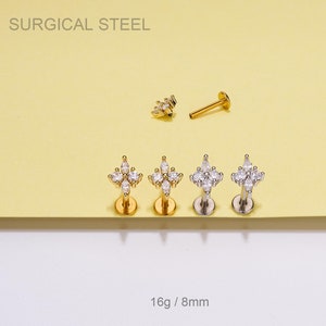 Cartilage CZ fleur avec filetage interne 16G/boucle d'oreille minimaliste/hélice/tragus/piercing conque/boucle d'oreille arrière plat/petit clou or/argent/CZ