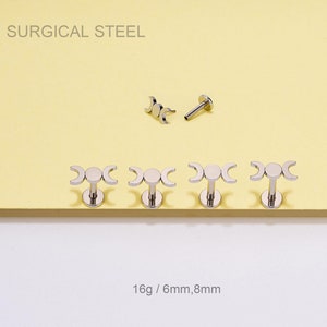 16G Surgical Steel Moon phase Threadless Push Pin Cartilage Stud/Labret/Medusa/Nose Piercing/Flat Back Earring/Helix/Conch/Tragus Stud/Gifts
