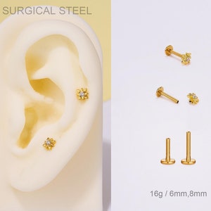 16G Tiny Bright Sun Internally Threaded Cartilage Stud/Labret Piercing Stud/Flat back Tragus/Forward Helix/Conch Piercing/Gold Nose Stud