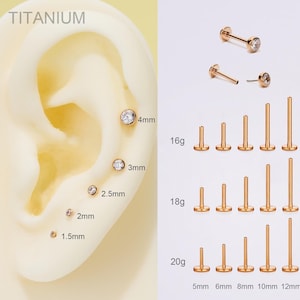20G/18G/16G Titanium Tiny Rose Gold Bezel CZ Stud/Push Pin Labret/Threadless Flat Back Earring/Nose Stud/Cartilage Stud/Tragus/Helix/Conch