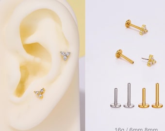 16G Threadless Trinity Flower Cartilage Stud/Minimalist Earring/Medusa Piercing/Flat Back Earring/Tiny Push Pin Stud/Helix/Conch/Tragus/Nose