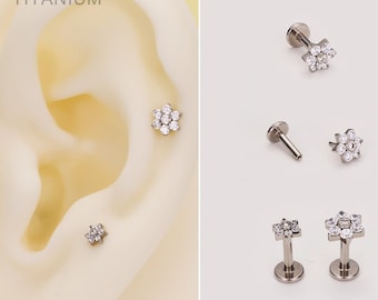 16G Titanium Threadless Flower Cartilage Stud/Minimalist Earring/Medusa Piercing/Flat Back/Tiny Push Pin Stud/Helix/Conch/Tragus/Nose Stud