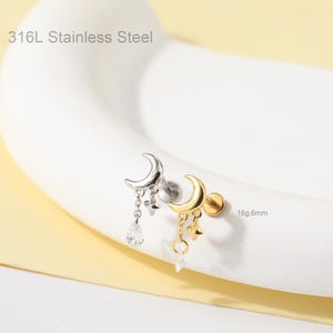16G Moon Star Dangle Stud earring/Internally Threaded Labret Stud/Moon Gold Helix Earring/Cartilage/Tragus/Conch Piercing/Flat Back Earring