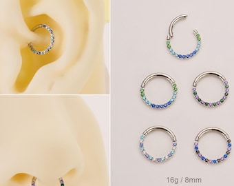 16G Surgical Steel Paved Colorful Gem Cartilage Clicker Hoop/Daith Earring/Septum Ring/Huggies Hoop Earrings/Tragus/Helix/Septum Piercing