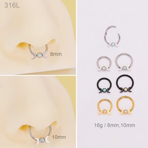 16G Opal Crescent Moon Hoop/Minimalist Nose Septum Ring 8MM 10MM/Septum Hoop/Daith Earring/Septum Clicker/Helix/Conch/Gold Silver Black Hoop