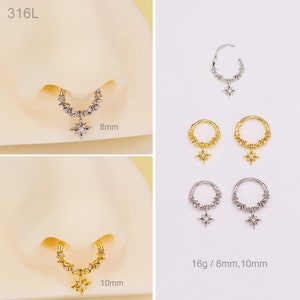 16G Hexagram Star Septum Hoop/Minimalist Nose Septum Ring 8MM 10MM/Dangle Septum Hoop/Septum Jewelry/Helix/Conch Piercing/Septum Clicker