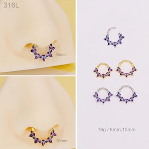 16G Purple Gem Septum Hoop/Daith Earring/Minimalist Nose Septum Ring 8MM 10MM/Conch/Helix Piercing Hoop/Cartilage Clicker Hoop/Gold Septum