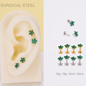 16g 18g grüne CZ Blume Ohrstecker/Smaragd Floral Piercing Stud/Push Pin Labret/threadless flat back Ohrring/Knorpel/Tragus/Conch/Nase