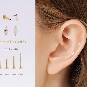 14K solid Gold kleine Marquise CZ Ohrstecker/threadless Push Pin Labret Ohrstecker/Knorpel Ohrstecker/Nase/Tragus/Conch/Helix Ohrstecker/flache Rückseite Ohrring